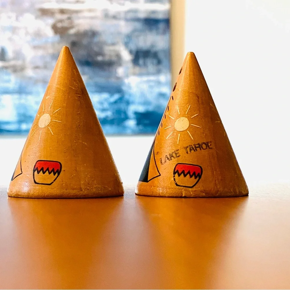 Vintage Wooden Tee Pee Pipe Tahoe Salt & Pepper Shakers Hand Painted